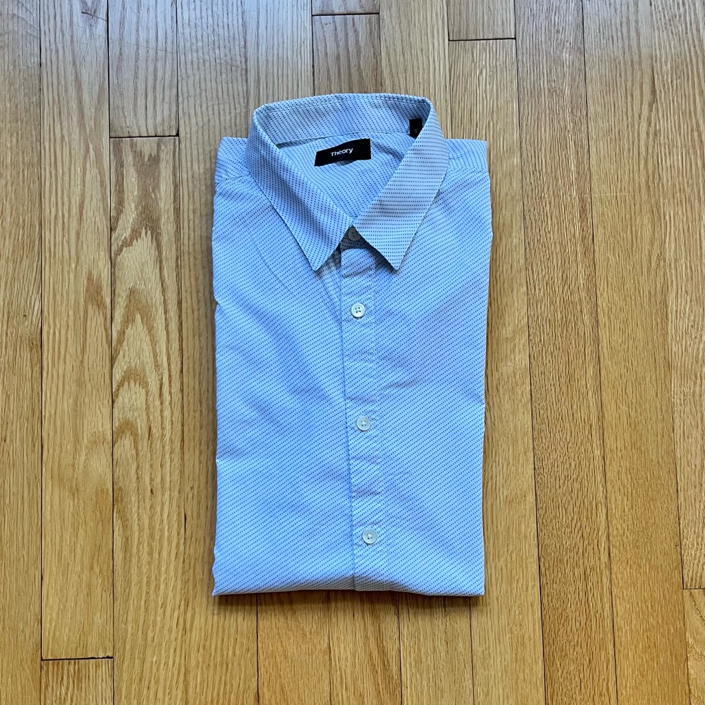 Theory Men’s Short Sleeve Button Down Large White With Blue Dots